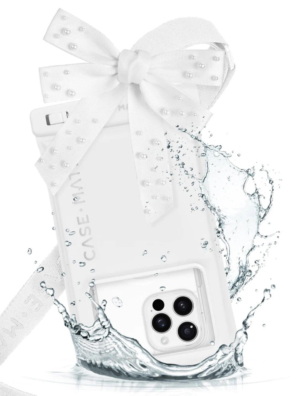 Waterproof floating pouch with ivory pearl bow